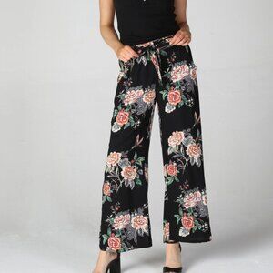 Womens Black Wide Leg Floral Pants Flowing Elastic Waist S-L